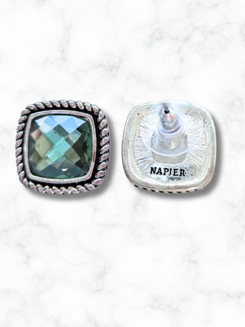 Napier Blue Topaz Earrings - Square Shape with Ornate Twisted Trim - Picture 2 of 3